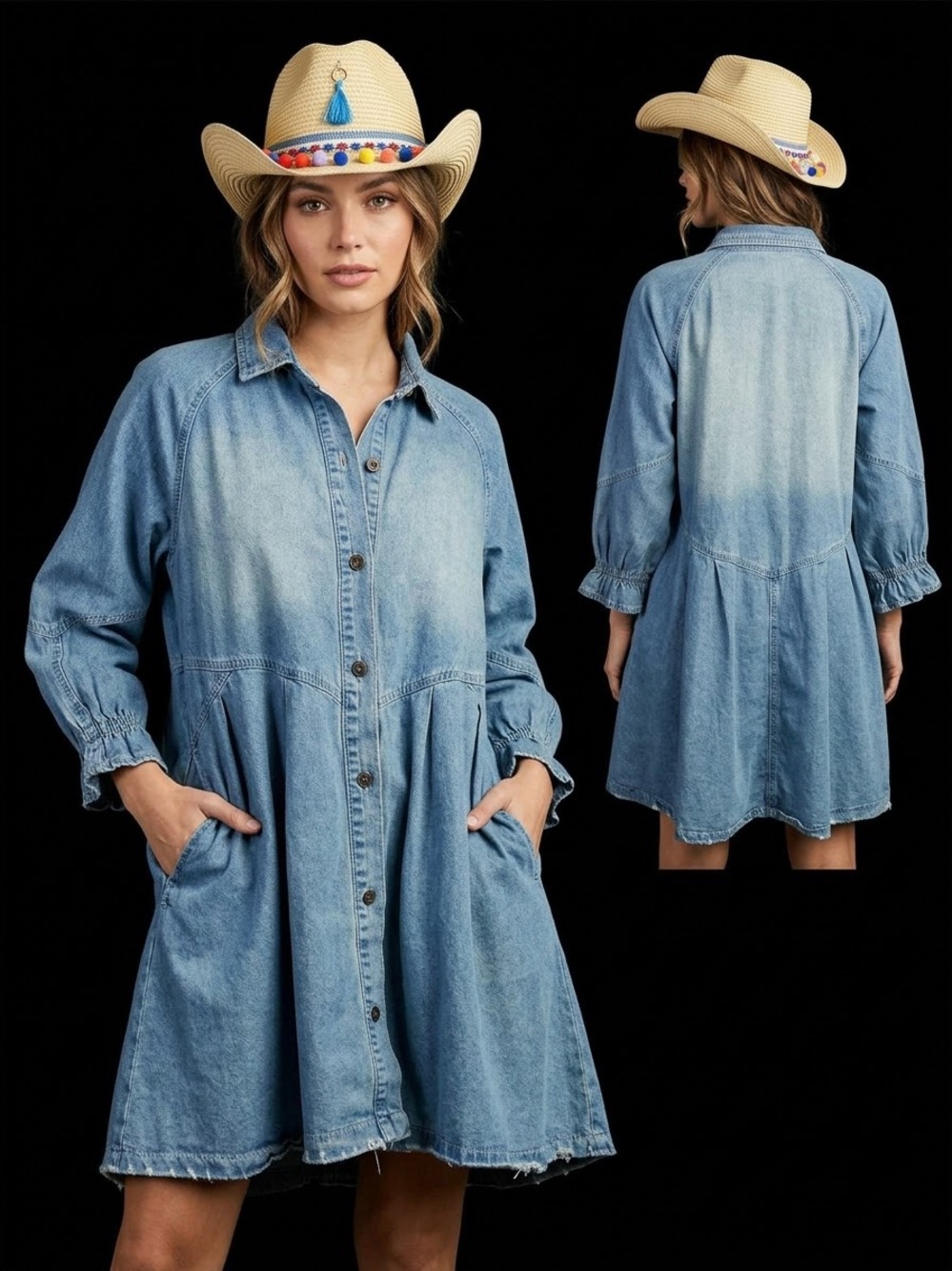 Light Blue Denim Mini Shirt Dress with Button Front